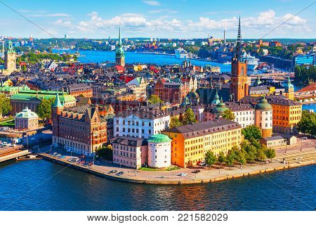 Scenic summer aerial panorama of the Old Town (Gamla Stan) pier architecture in Stockholm, Sweden