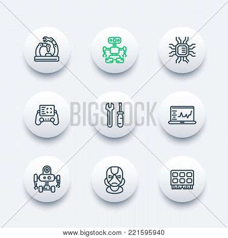 Robotics, mechanical engineering, robots, microelectronics line icons set