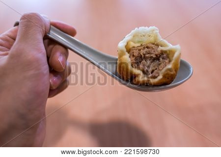 Inside of a Sheng Jian Bao - Shanghainese pan fried dumpling - Pork filling
