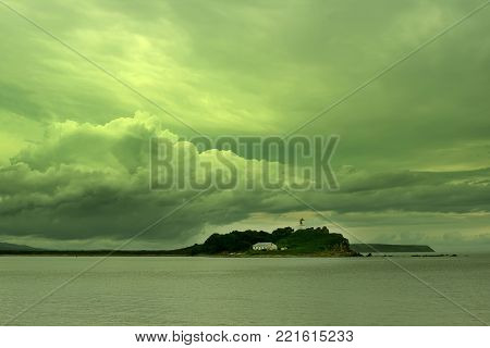 Gloomy seascape line horizon Sea Lighthouse. Natural background