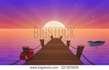 Cartoon illustration of the wooden pier with ropes, life-buoy and boat in the ocean at sunset time.