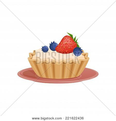 Tartelette with vanilla cream, decorated with fresh strawberry and blueberry. Sweet and tasty dessert. Design for pastry shop, recipe book, menu. Flat vector illustration isolated on white background.