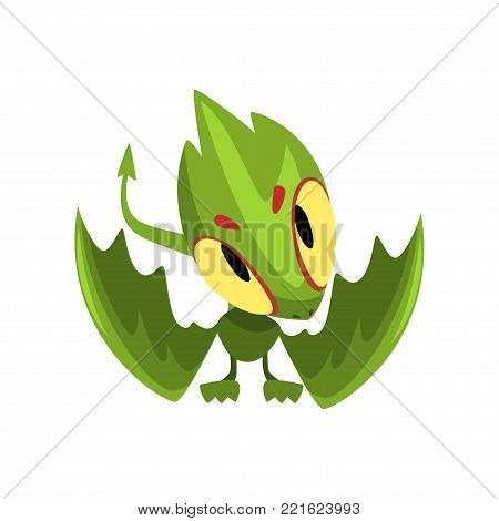 Green baby dragon with funny muzzle. Cartoon character of fairytale creature with big eyes, wings and long tail. Flat design for sticker, mobile or computer game. Vector illustration isolated on white