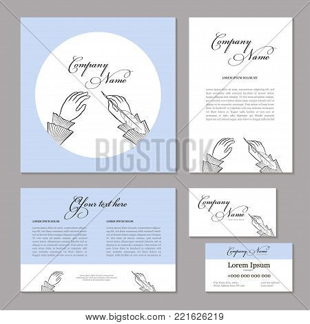 Vintage elements of corporate identity for store, office or printing. Corporate branding. Elegant female hands in cuffs write with pen. Flyer, booklet, business card and banner, vector illustration