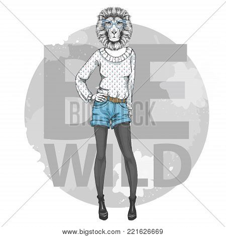 Retro Hipster fashion animal lion. Woman model
