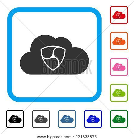 Nem Cloud icon. Flat grey pictogram symbol in a blue rounded square. Black, grey, green, blue, red, pink color versions of nem cloud vector. Designed for web and software user interface.