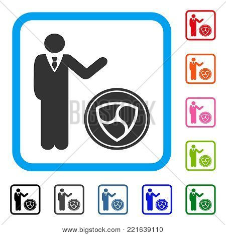 Businessman Show Nem Coin icon. Flat grey pictogram symbol inside a blue rounded rectangular frame. Black, gray, green, blue, red, orange color versions of businessman show nem coin vector.
