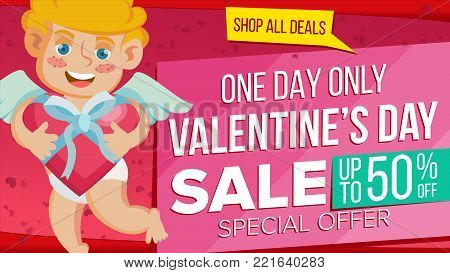 Valentine s Day Sale Banner Vector. Cute Cupid. Wallpaper, Flyer, Invitation, Poster, Brochure. Sale Header. Limited Offer. Cartoon Business Brochure Illustration