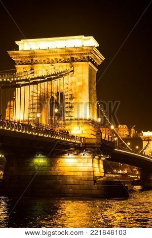 Hungarian landmarks Budapest city. Chain Bridge and Danube river in Budapest at night.