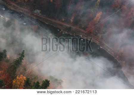 River and forest in the fog view from from the top