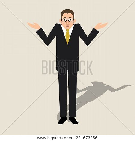 man raises his hands in bewilderment and confusion - cartoon vector illustration in flat style