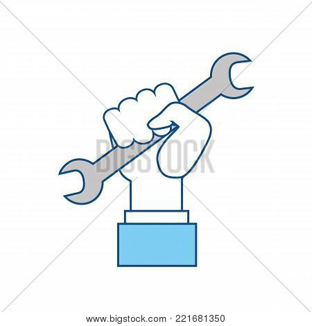 Hand with tool isolated on white background. Wrench tool. Vector stock.