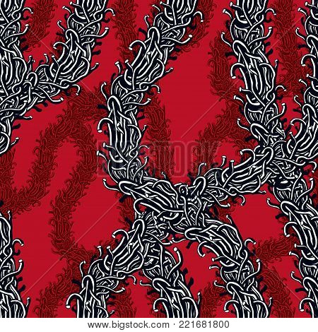 Disgusting horror art and nightmare seamless pattern, vector background. Tangled branches or roots stylish endless illustration. Usable for fabric, wrapping, web and print.