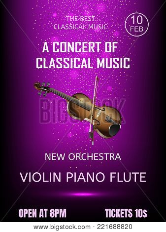 Invitation ticket to the concert with a picture of a violin on a purple background. Vector.