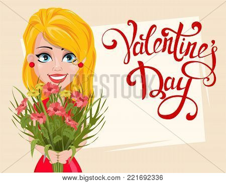 Beautiful woman in red dress holding bouquet of flowers. Smiling cartoon character and beautiful lettering. Illustration for Valentine day or Women day. Stock vector