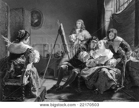 Kunstner at gøre et portræt. Indgraveret ved S.S.Smith og udgivet i Pepy's dagbog, Storbritannien, 1855.