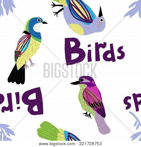 Seamless pattern with colorful birds and leaves. Vector spring illustration.