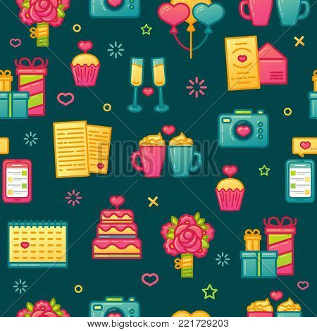 Design pattern on dark background with romantic element. Seamless wallpaper with color cute icon for valentine's day.  Vector.