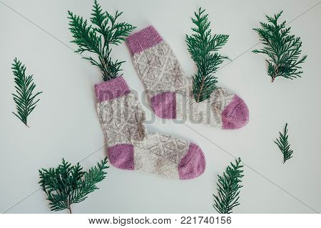 Handmade Knitted Socks For The Cold Season. View From Above. Many Different Blue Color Socks.