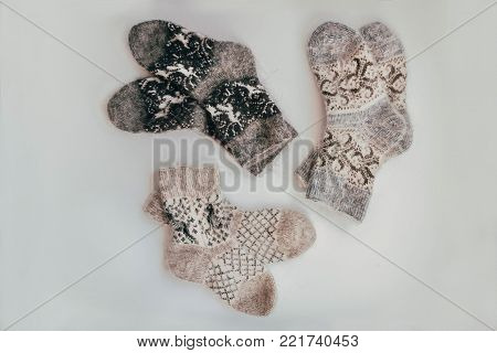 Handmade Knitted Socks For The Cold Season. View From Above. Many Different Blue Color Socks.