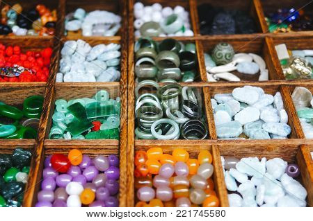 Various ornaments made of stone. Jade. Jewelry