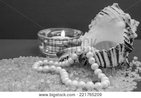 Bath accessories. Pearls inside the seashell over the sea salt in black and white
