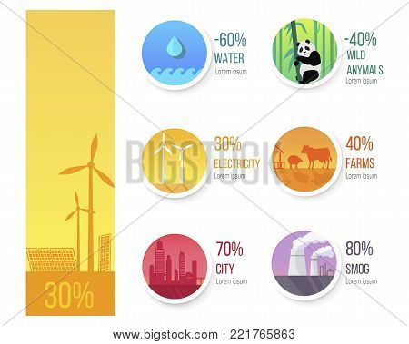World ecological condition statistic infographic. Water quantity and wild animals decreasing, industrial pollutions amounts vector illustrations.