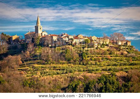 Idyllic hill village of Groznjan view, landscape and architecture of Istria, Croatia