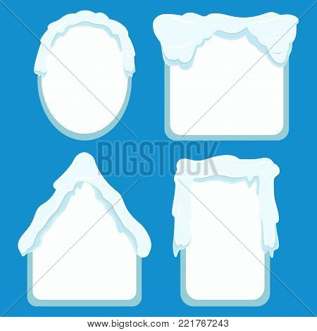 Frames of oval, square, rectangular and house shapes labels with space inside for writing or pictures. Vector poster of snowy tags collection with icy decor on top. Winter frames banners set