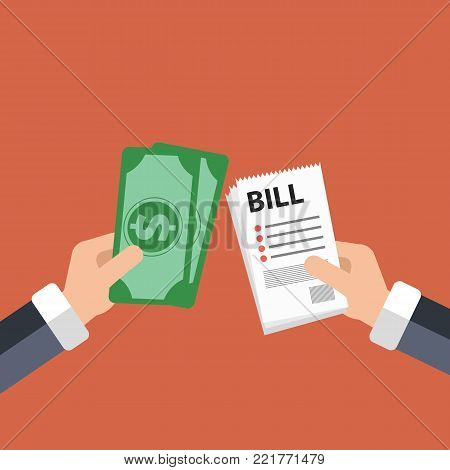 Paying bills concept. One hand giving receipt bill and another hand giving cash money. Flat vector illustration for finances