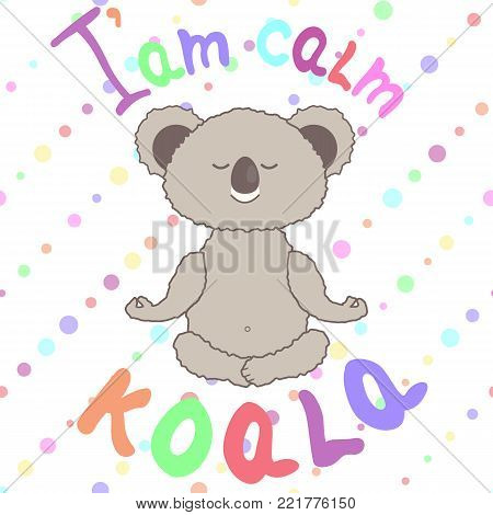 Funny meditating koala on seamless background in polka dots. Can be used for kid's,baby's shirt design, fashion print design,fashion graphic, little girls, boys and babies clothes and pajamas. Baby shower design.