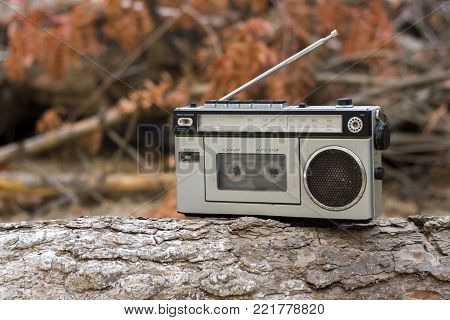 old radio and cassette recorder on a branch in the woods