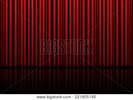 Theatrical scene with red curtains and reflection. Stock vector illustration.