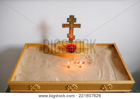 candles and lamp close-up. Interior Of Orthodox Church In Easter. baby christening. Ceremony in Christian .