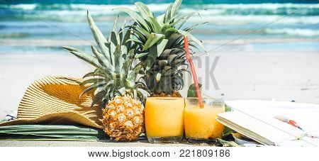 Summer Drinks With Fruit On The Beach, Exotic Still Life