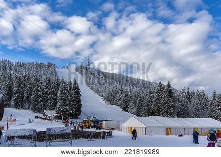 PAMPOROVO, BULGARIA - JANUARY 20, 2013: Snezhanka peak and Ski resort Pamporovo in Rhodope Mountains, Smolyan Region, Bulgaria
