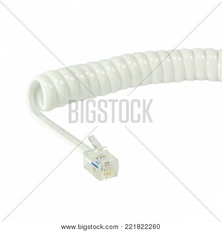White disconnected telephone handset extension cord, curly coil line spiral wire cable, isolated 4P4C RJ22 connector jack, landline businessphone disconnection concept metaphor, large detailed macro closeup, copy space