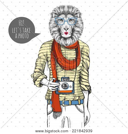 Retro Hipster animal lion with photo camera. Woman model