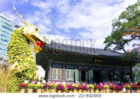 SEOUL SOUTH KOREA - OCTOBER 22, 2017: Chrysanthemum festival at jogyesa temple in seoul, south korea