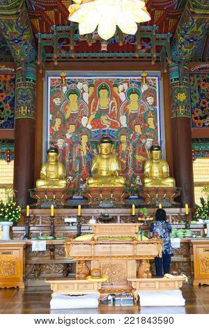 Seoul, South Korea - January 28, 2018: Golden Budha At Bongeunsa Temple Seoul South Korea