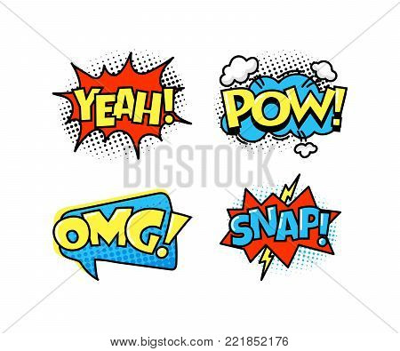 Collection of bright, colorful, multi-colored speech bubbles, with text and decorative texture. Template of clouds of different forms with messages. Vector illustration isolated.