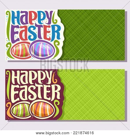 Vector banners for Easter holiday with copy space, original handwritten brush typeface for greeting text happy easter, in layouts invitation striped colorful easter eggs on green geometric background.