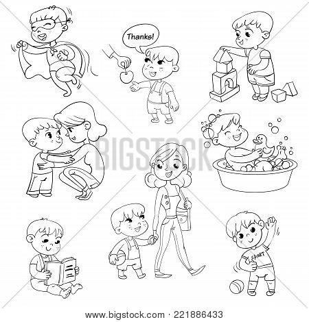 Cartoon kid daily routine activities set. Boy goes for a walk with mom. Kid with Speech say thank you. Child takes a bath. Reading a book. Boy doing exercises.  Funny cartoon character. Isolated