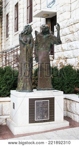 Nazareth, Israel, December 23, 2017 : The statue near the Museum Of Ancient Nazareth near the museum in the old city of Nazareth in Israel