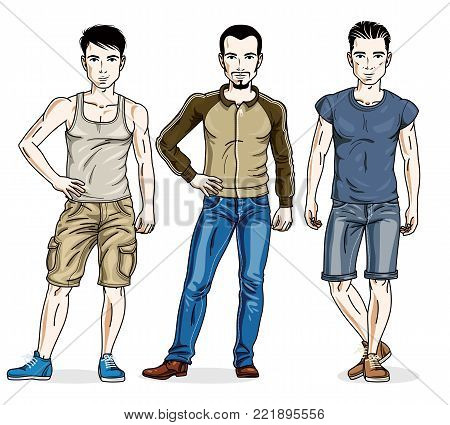 Handsome young men posing wearing casual clothes. Vector set of beautiful people illustrations. Lifestyle theme male characters.