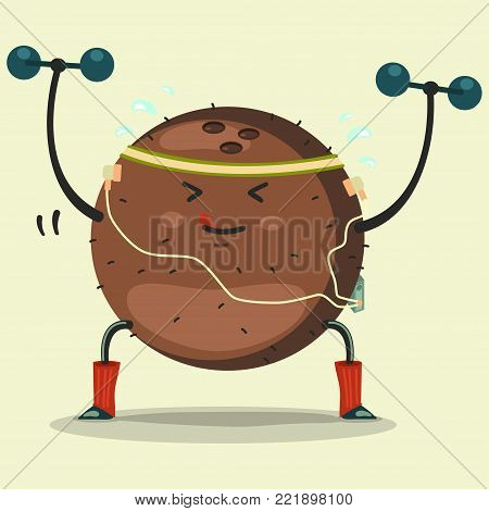 Cute Coconut cartoon character listening to music in headphones and doing exercises with dumbbells. Eating healthy and fitness. Flat retro style concept illustration.