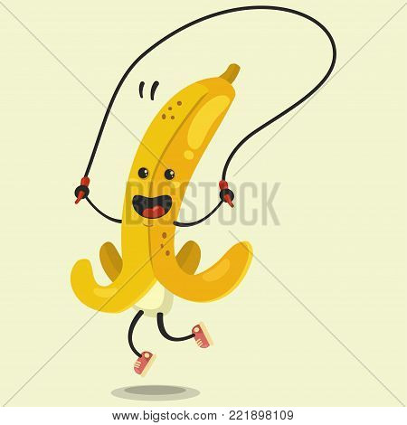 Cute Banana cartoon character makes the jump rope exercises. Eating healthy and fitness. Flat retro style illustration concept.