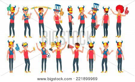 Man Supporting Sport Team Vector. Different Poses. People On Football, Soccer, Hockey Field Bleachers. In Action. Flat Cartoon Illustration