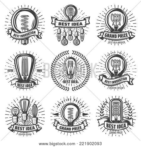 Vintage energy efficient lightbulbs labels set with inscriptions different light bulbs laurel wreath sunbursts isolated vector illustration