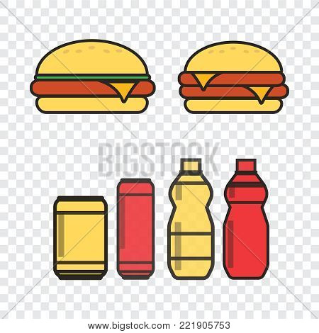 Fast food snacks and drinks flat vector icons. Fastfood icons. Snack bag vector food